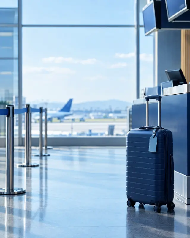 Mala azul em um aeroporto
