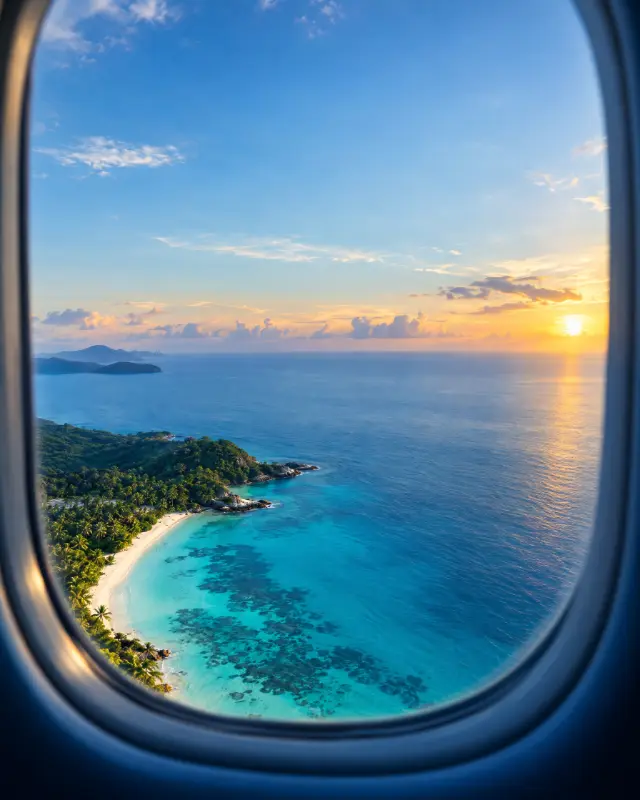Praia tropical vista da janela de um avião